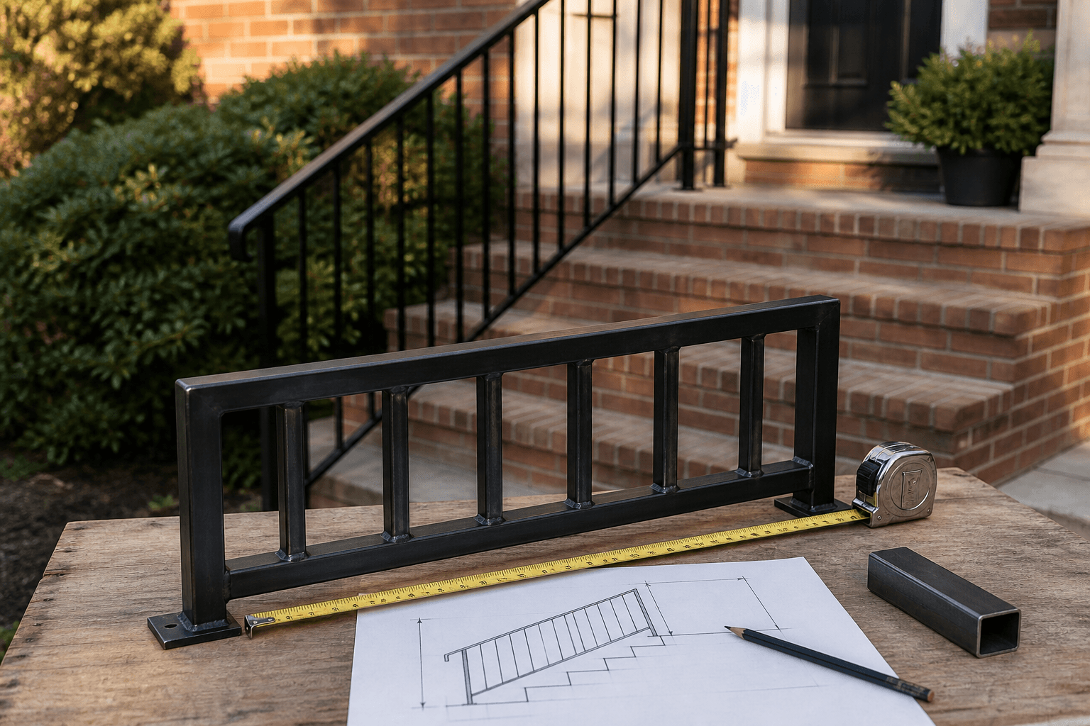 Black steel handrail sample, tape measure, and railing sketch beside brick entry steps