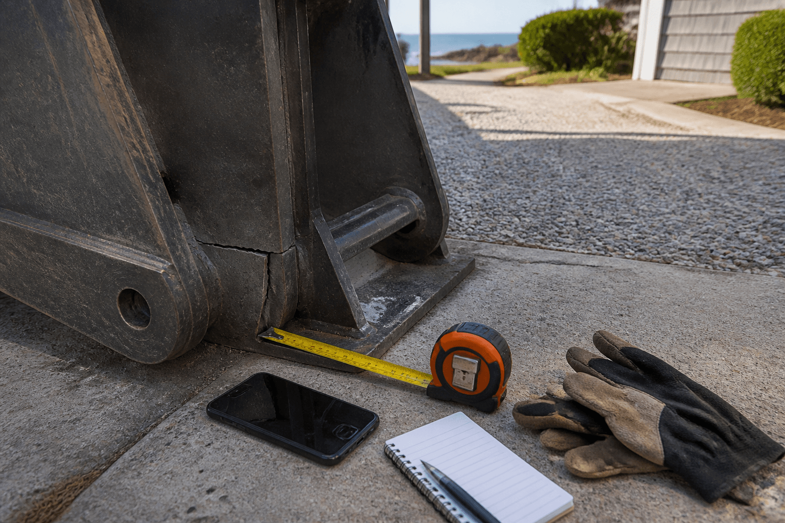 Tape measure, phone, notebook, and work gloves arranged beside a damaged steel component