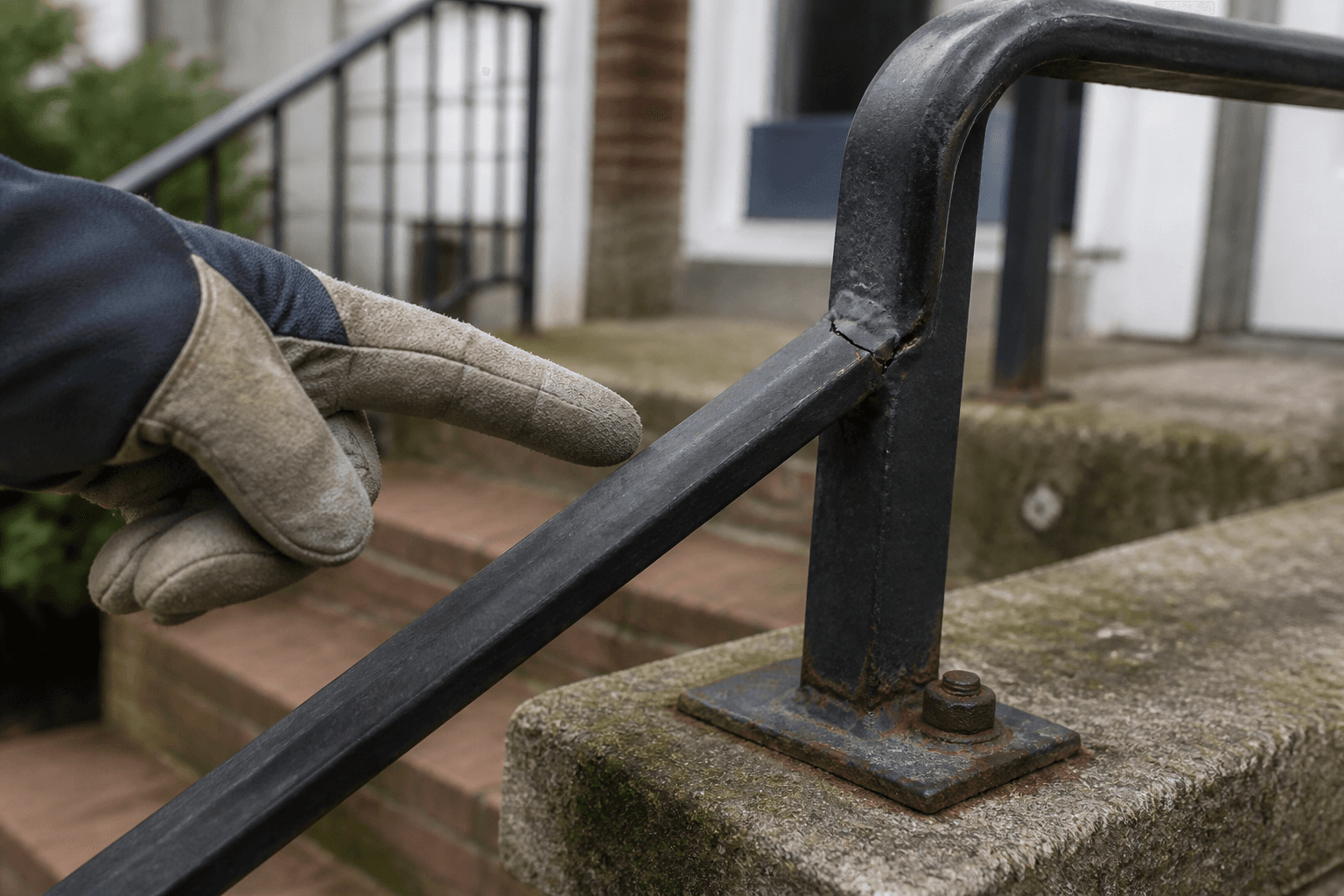 Gloved hand pointing toward a cracked weld on an exterior steel handrail