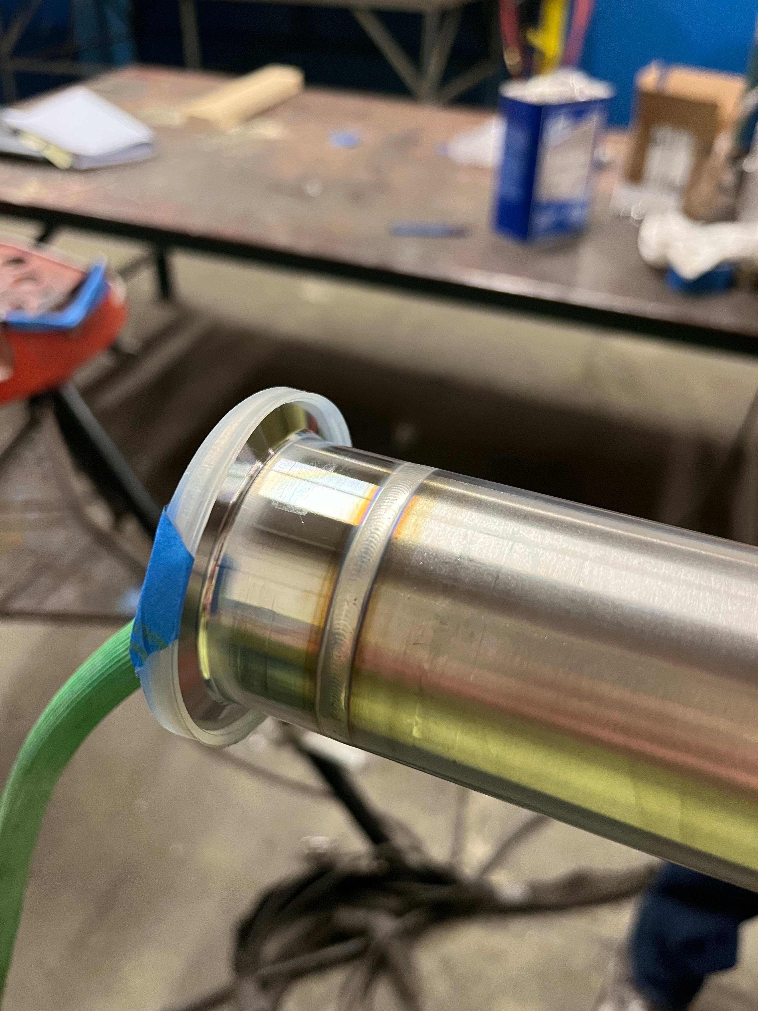Close view of a precise weld on stainless steel tube